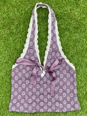 ECOTE Lavender Floral Lace Tie Halter Knit Tank Top Small